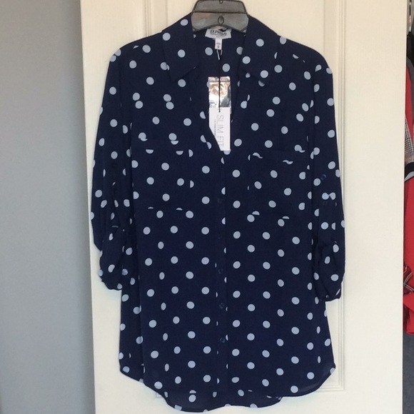 Blue button-down blouse with light blue polka dots - Picture 1 of 3